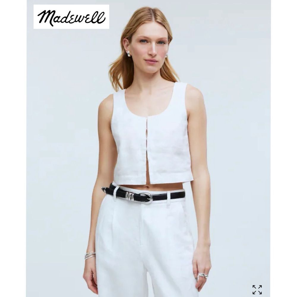 Madewell Scoopneck Crop Tank in 100% Linen Eyelet White 4 Sleeveless Boho NP015 - Picture 2 of 14